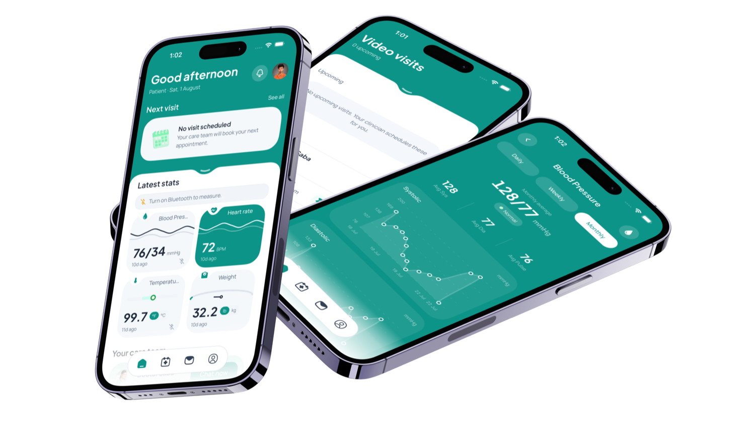 Three phones showing the Axistify patient app: home with latest vitals, video visits, and a blood pressure trend